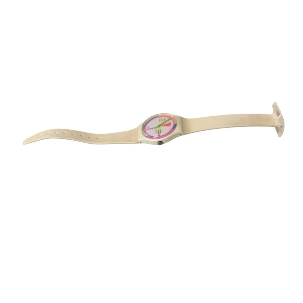 Vintage Swatch Watch Neon Multi Color Dial Cream Silicone Strap Mens 9143P
